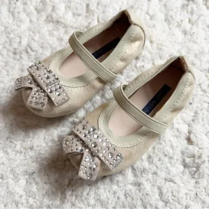 Stuart Weitzman Fannie Stardust Mary Jane Gold Sparkle Baby Ballets Sz 5