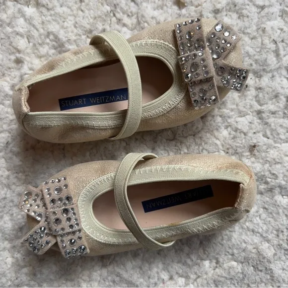 Stuart Weitzman Fannie Stardust Mary Jane Gold Sparkle Baby Ballets Sz 5