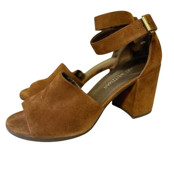Stuart Weitzman Soho Suede Ankle Strap Block Heel Sandals Brown Women's Size 9.5