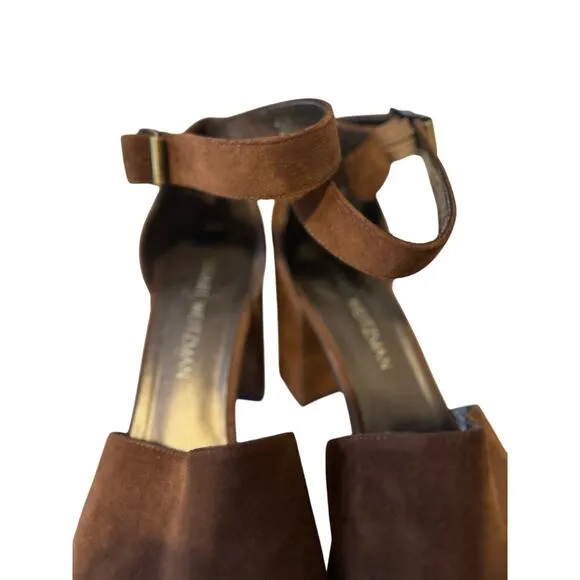 Stuart Weitzman Soho Suede Ankle Strap Block Heel Sandals Brown Women's Size 9.5
