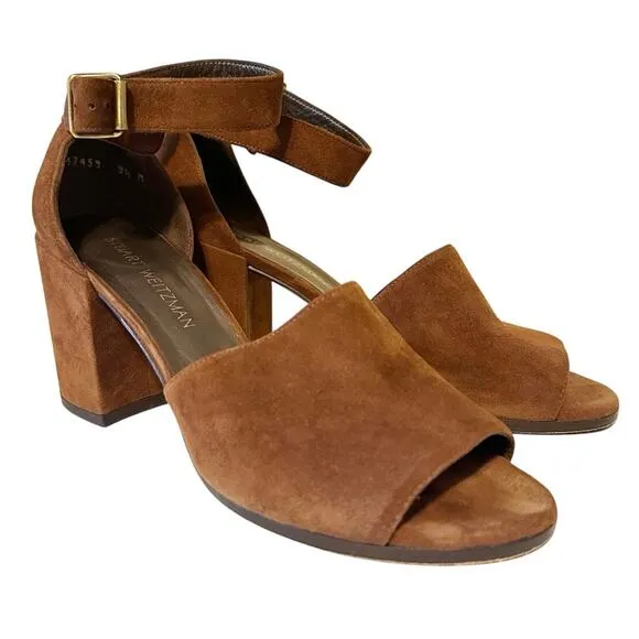 Stuart Weitzman Soho Suede Ankle Strap Block Heel Sandals Brown Women's Size 9.5