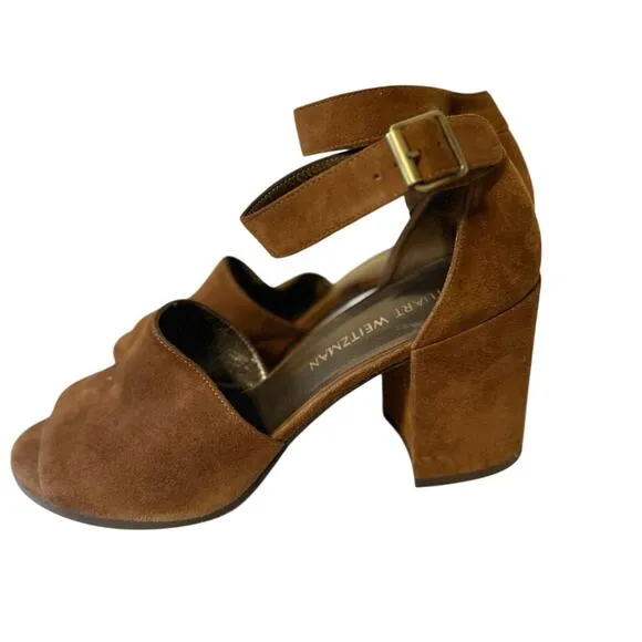Stuart Weitzman Soho Suede Ankle Strap Block Heel Sandals Brown Women's Size 9.5