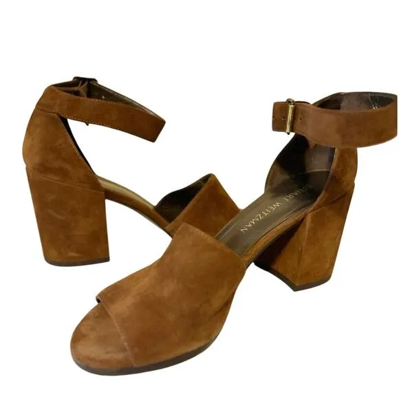 Stuart Weitzman Soho Suede Ankle Strap Block Heel Sandals Brown Women's Size 9.5