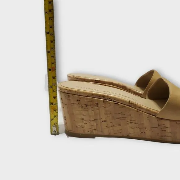 Stuart Weitzman Wedge Heel Suede Sandals Beige Tan Sz 9.5B Modern Summer Slip On