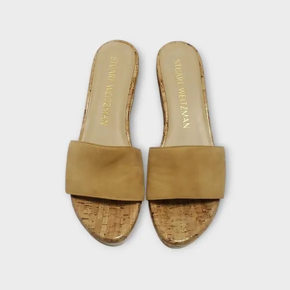 Stuart Weitzman Wedge Heel Suede Sandals Beige Tan Sz 9.5B Modern Summer Slip On