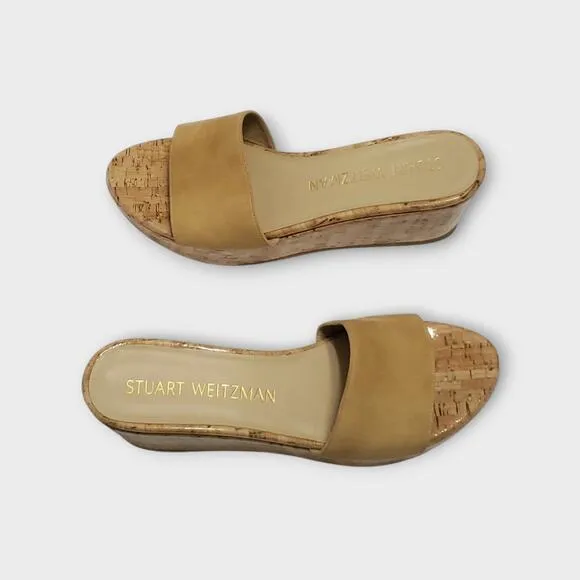 Stuart Weitzman Wedge Heel Suede Sandals Beige Tan Sz 9.5B Modern Summer Slip On