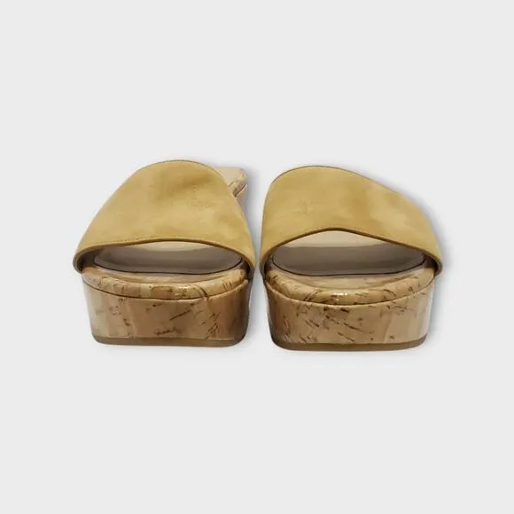 Stuart Weitzman Wedge Heel Suede Sandals Beige Tan Sz 9.5B Modern Summer Slip On
