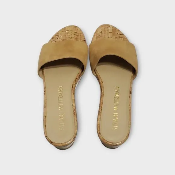 Stuart Weitzman Wedge Heel Suede Sandals Beige Tan Sz 9.5B Modern Summer Slip On