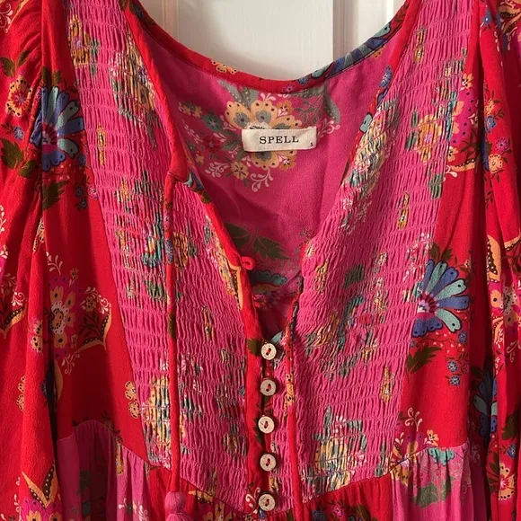 STUNNING SWEET SEXY SPELL 💋 beautiful Red, pink floral, Boho peasant dress S 💕