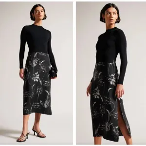 TED BAKER Alettaa Knit Twofer Midi Dress Black Floral Sz 3 / M {3X5}
