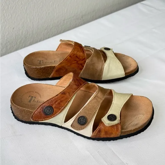 Think! Multiple Leather Strap Slip on Sandals Size 40/9.5