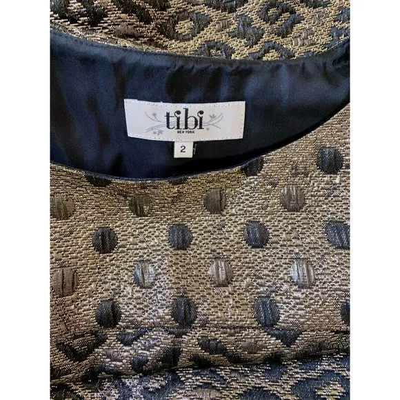 Tibi New York Black &amp; Gold Leopard Polka Dot Midi Evening Dress Size 2