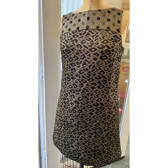 Tibi New York Black &amp; Gold Leopard Polka Dot Midi Evening Dress Size 2