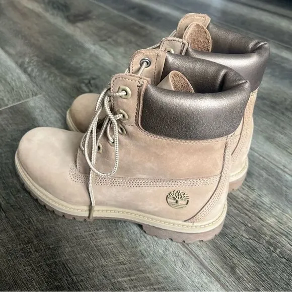 Timberland Classic 6” Premium Satin Taupe Boots Size 7.5 Anti-fatigue Lace Up