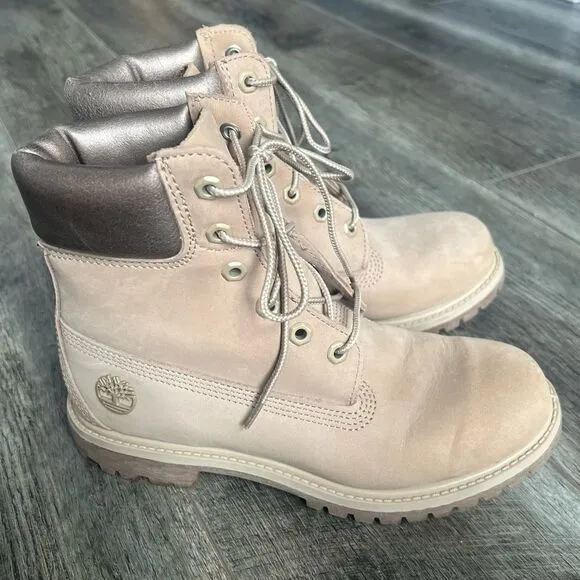 Timberland Classic 6” Premium Satin Taupe Boots Size 7.5 Anti-fatigue Lace Up