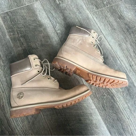 Timberland Classic 6” Premium Satin Taupe Boots Size 7.5 Anti-fatigue Lace Up