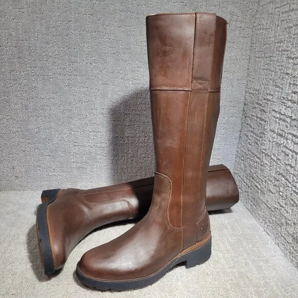 Timberland Graceyn Tall Zip Waterproof Boots Brown Leather Women's Size 6 US