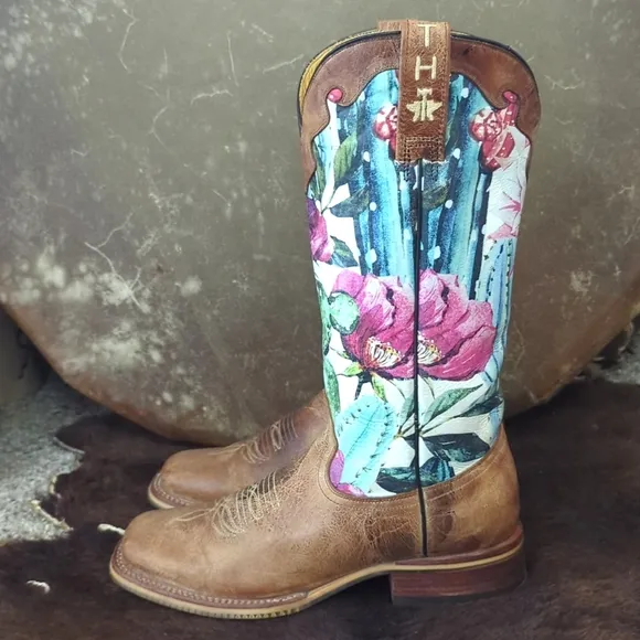 TIN HAUL &quot;Cactilicious&quot; Looking Sharp cowgirl western square toe boots sz 8 EUC