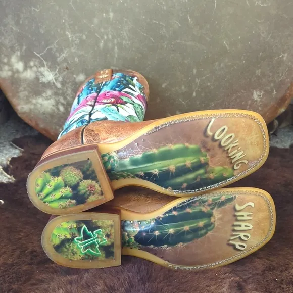 TIN HAUL &quot;Cactilicious&quot; Looking Sharp cowgirl western square toe boots sz 8 EUC