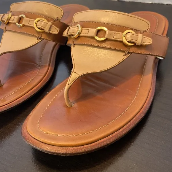 Tods Lux Classic Buckle Thong Camel Leather Sandals Size 5 1/2