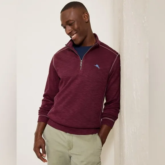 Tommy Bahama Tobago Bay 1/2 zip fish Cave maroon wine red sweatshirt top