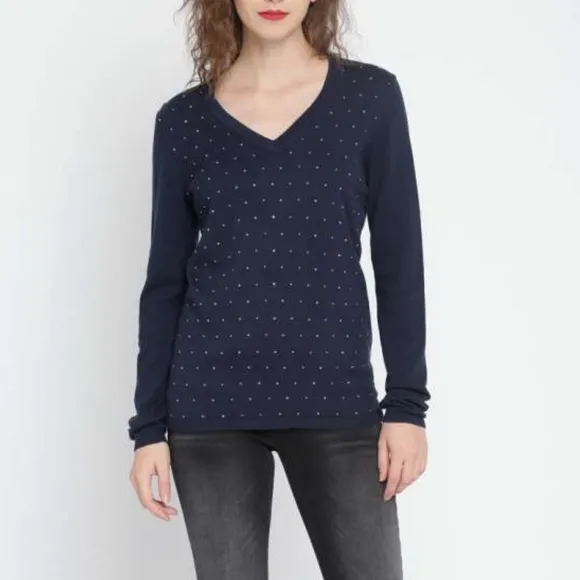Tommy Hilfiger • NWT Navy Blue Long Sleeve V-Neck Gold Studded Sweater Size Med