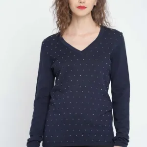 Tommy Hilfiger • NWT Navy Blue Long Sleeve V-Neck Gold Studded Sweater Size Med