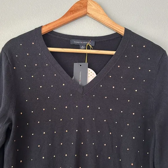 Tommy Hilfiger • NWT Navy Blue Long Sleeve V-Neck Gold Studded Sweater Size Med