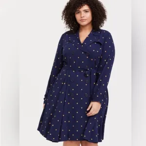 Torrid navy blue and gold polka dot rayon twill trench coat dress/ belt size 2X
