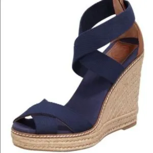 Tory Burch 115MM Peep Toe Cork Sandal Wedges  Navy Elastic size 8