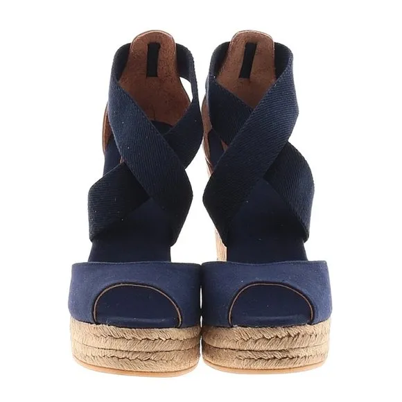 Tory Burch 115MM Peep Toe Cork Sandal Wedges  Navy Elastic size 8