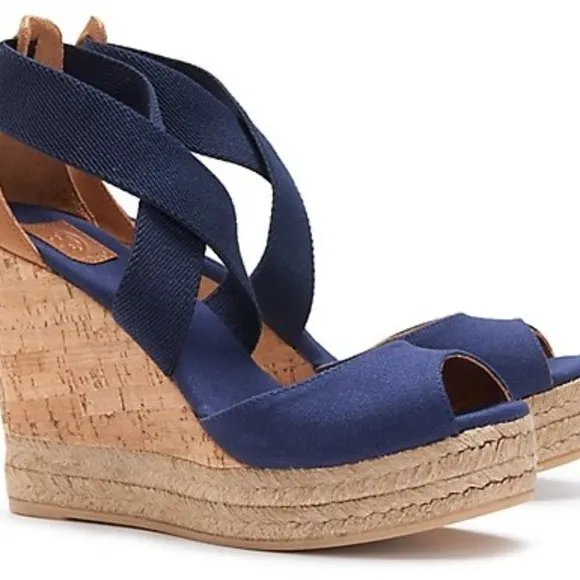 Tory Burch 115MM Peep Toe Cork Sandal Wedges  Navy Elastic size 8