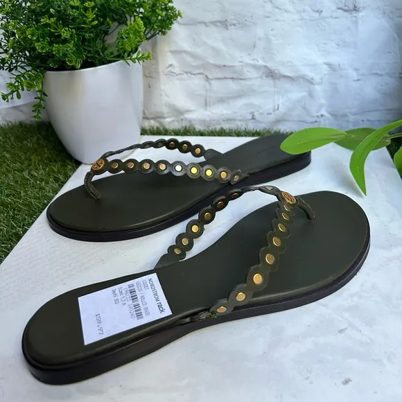 TORY BURCH BENTON SCALLOPEDSANDALS THONGS IN LECCIO GREEN BRASS women size 9.5