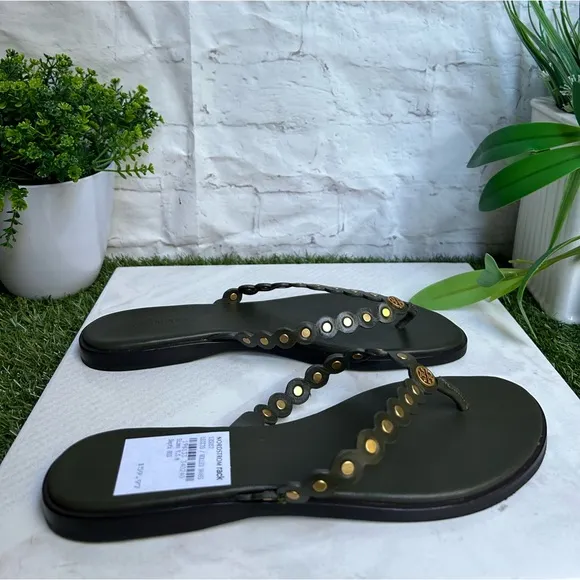 TORY BURCH BENTON SCALLOPEDSANDALS THONGS IN LECCIO GREEN BRASS women size 9.5