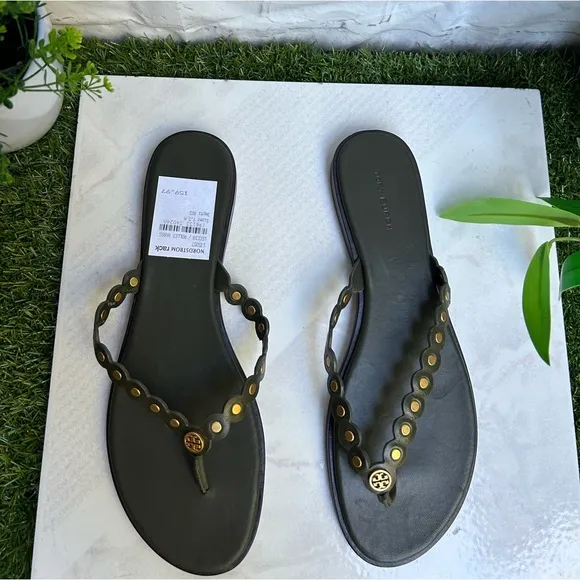 TORY BURCH BENTON SCALLOPEDSANDALS THONGS IN LECCIO GREEN BRASS women size 9.5