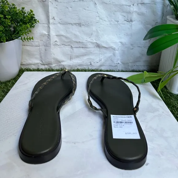 TORY BURCH BENTON SCALLOPEDSANDALS THONGS IN LECCIO GREEN BRASS women size 9.5