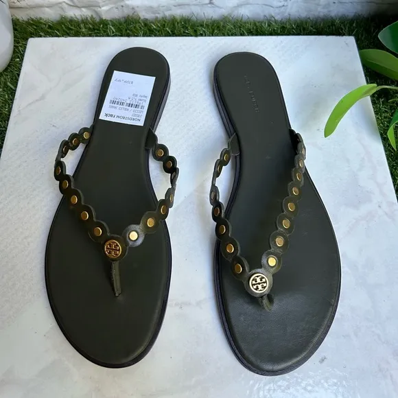TORY BURCH BENTON SCALLOPEDSANDALS THONGS IN LECCIO GREEN BRASS women size 9.5