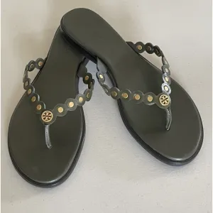 TORY BURCH BENTON SCALLOPEDSANDALS THONGS IN LECCIO GREEN BRASS women size 9.5
