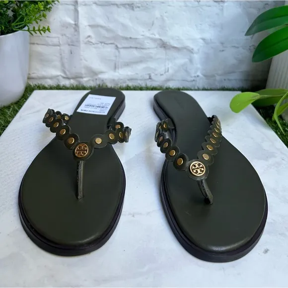 TORY BURCH BENTON SCALLOPEDSANDALS THONGS IN LECCIO GREEN BRASS women size 9.5