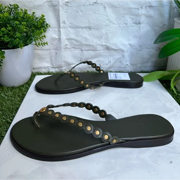 TORY BURCH BENTON SCALLOPEDSANDALS THONGS IN LECCIO GREEN BRASS women size 9.5