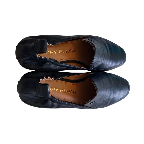 Tory Burch Black Kira Leather Elastic Loafer Almond Toe Block Heel Women's 8.5