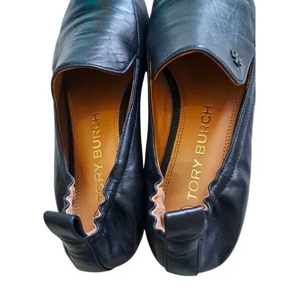 Tory Burch Black Kira Leather Elastic Loafer Almond Toe Block Heel Women's 8.5