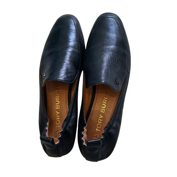Tory Burch Black Kira Leather Elastic Loafer Almond Toe Block Heel Women's 8.5