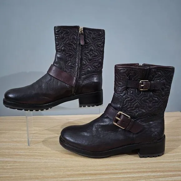 Tory Burch Boots Chrystie Trapunto Stitched Ankle Womens Shoe Brown Leather 8.5