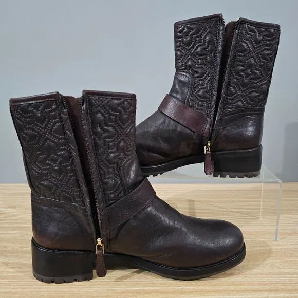 Tory Burch Boots Chrystie Trapunto Stitched Ankle Womens Shoe Brown Leather 8.5