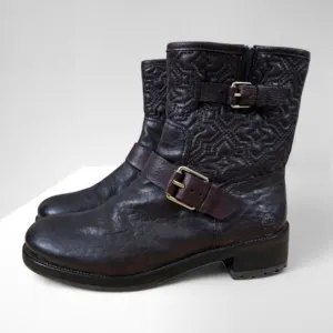 Tory Burch Boots Chrystie Trapunto Stitched Ankle Womens Shoe Brown Leather 8.5