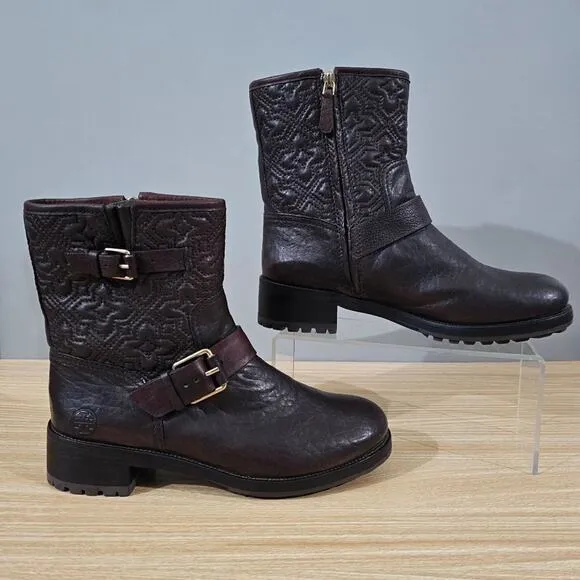 Tory Burch Boots Chrystie Trapunto Stitched Ankle Womens Shoe Brown Leather 8.5