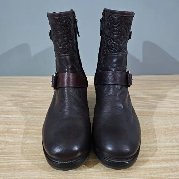 Tory Burch Boots Chrystie Trapunto Stitched Ankle Womens Shoe Brown Leather 8.5
