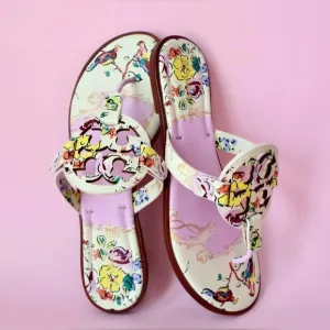 Tory Burch Designer Miller Pink Porcelin and Cream Sandals Floral Print 9.5