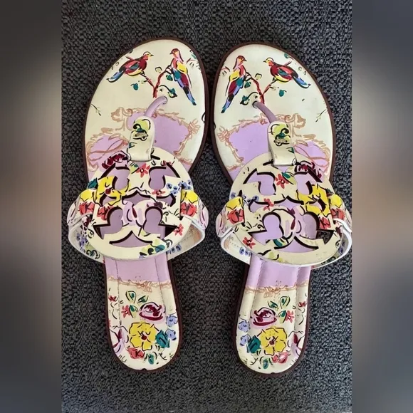 Tory Burch Designer Miller Pink Porcelin and Cream Sandals Floral Print 9.5